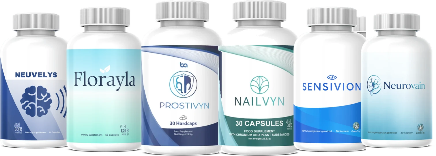 The VitalCare World range: Neuvelys, Florayla, Prostivyn, Nailvyn, Sensivion and Neurovain